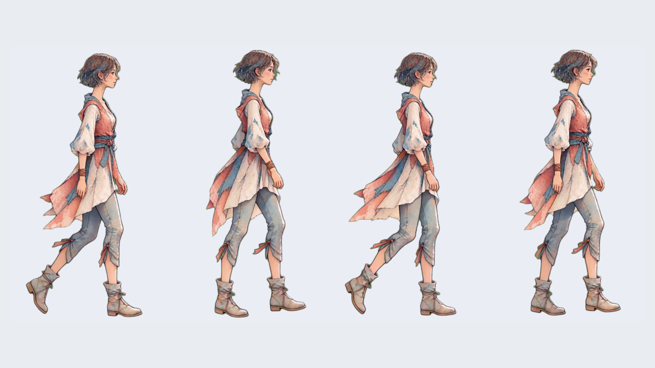 Four real poses from a watercolor woman's walk cycle, shown at their original proportions on a plain light background