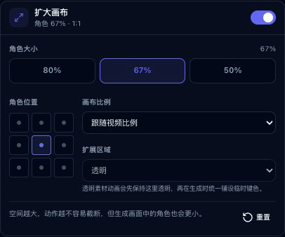 真实工作台的扩大画布面板,67% 角色大小、九宫格居中、跟随视频比例和透明扩展区域