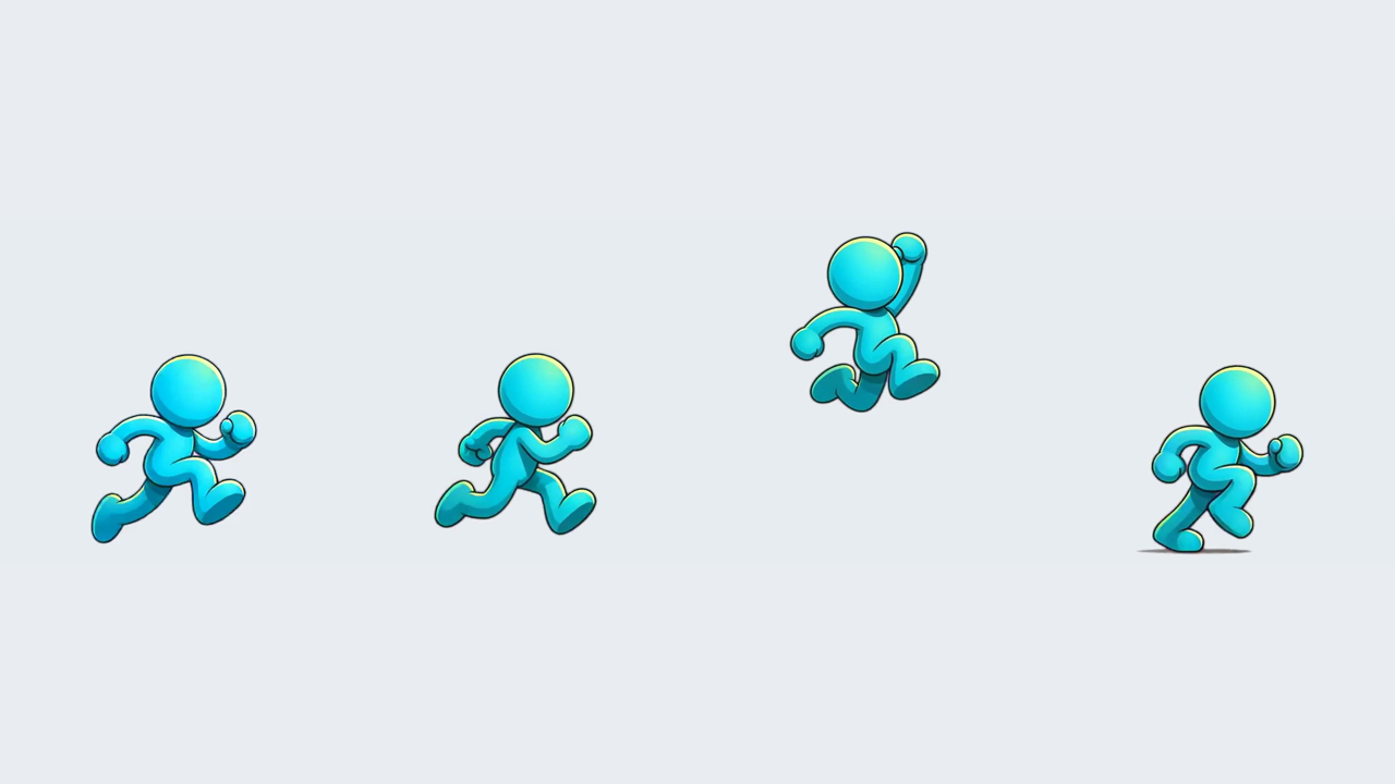 Four actual poses from the blue character's run-and-jump animation showing the room its motion uses