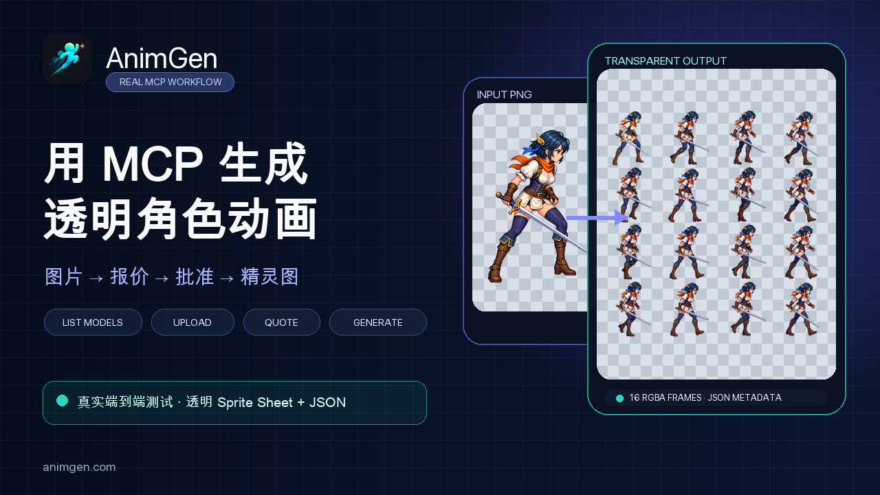 AnimGen MCP 将透明女剑士 PNG 转换为 16 帧透明精灵图的真实工作流