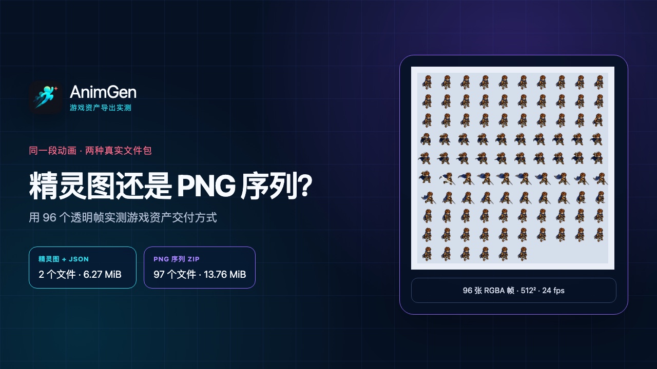 AnimGen 使用同一段 96 帧透明动画对比精灵图加 JSON 与 PNG 序列 ZIP