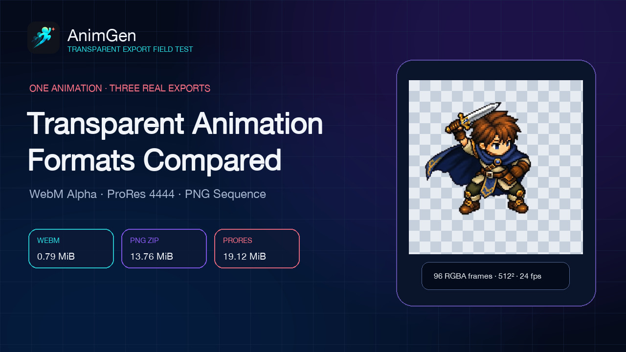 AnimGen transparent format comparison showing one tactician slash frame and measured WebM Alpha, PNG ZIP, and ProRes 4444 sizes