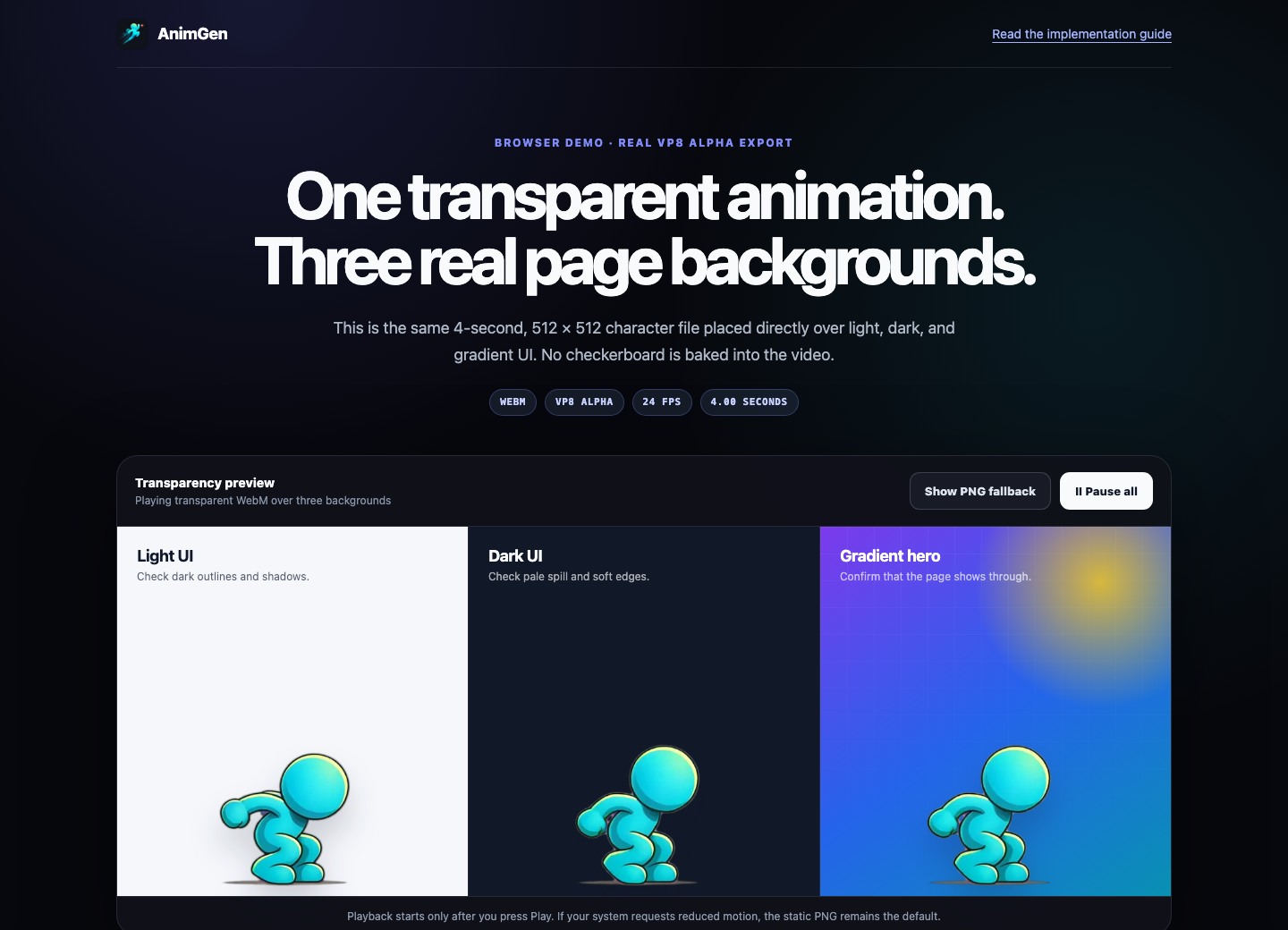 A transparent blue running character composited by Chrome over light, dark, and gradient website backgrounds