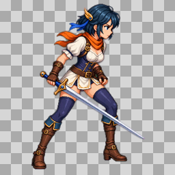 Animated pixel art swordswoman walk cycle shown over a checkerboard