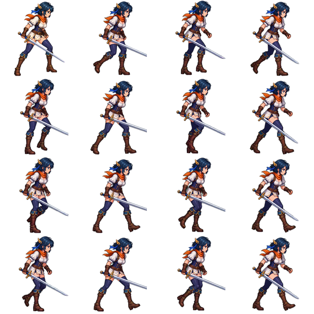Transparent 16-frame pixel art walk-cycle sprite sheet in a 4 by 4 grid