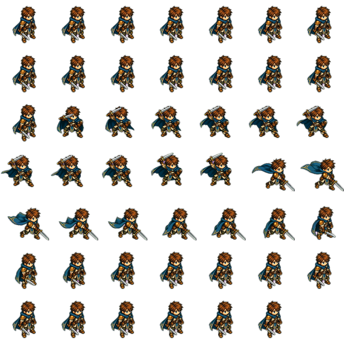 Forty-eight-frame transparent sprite sheet for an isometric sword-slash animation