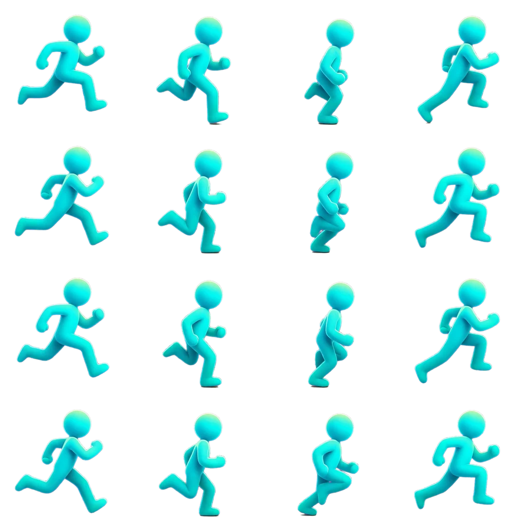 Transparent four-by-four sprite sheet exported from the running-character animation