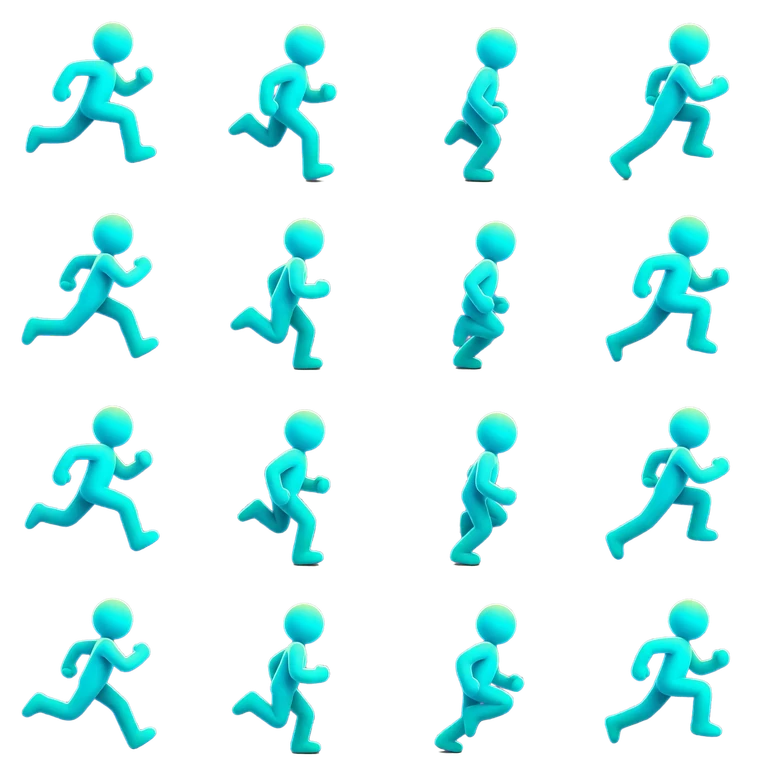 Transparent 16-frame side-view run-cycle character sprite sheet in a 4 by 4 grid