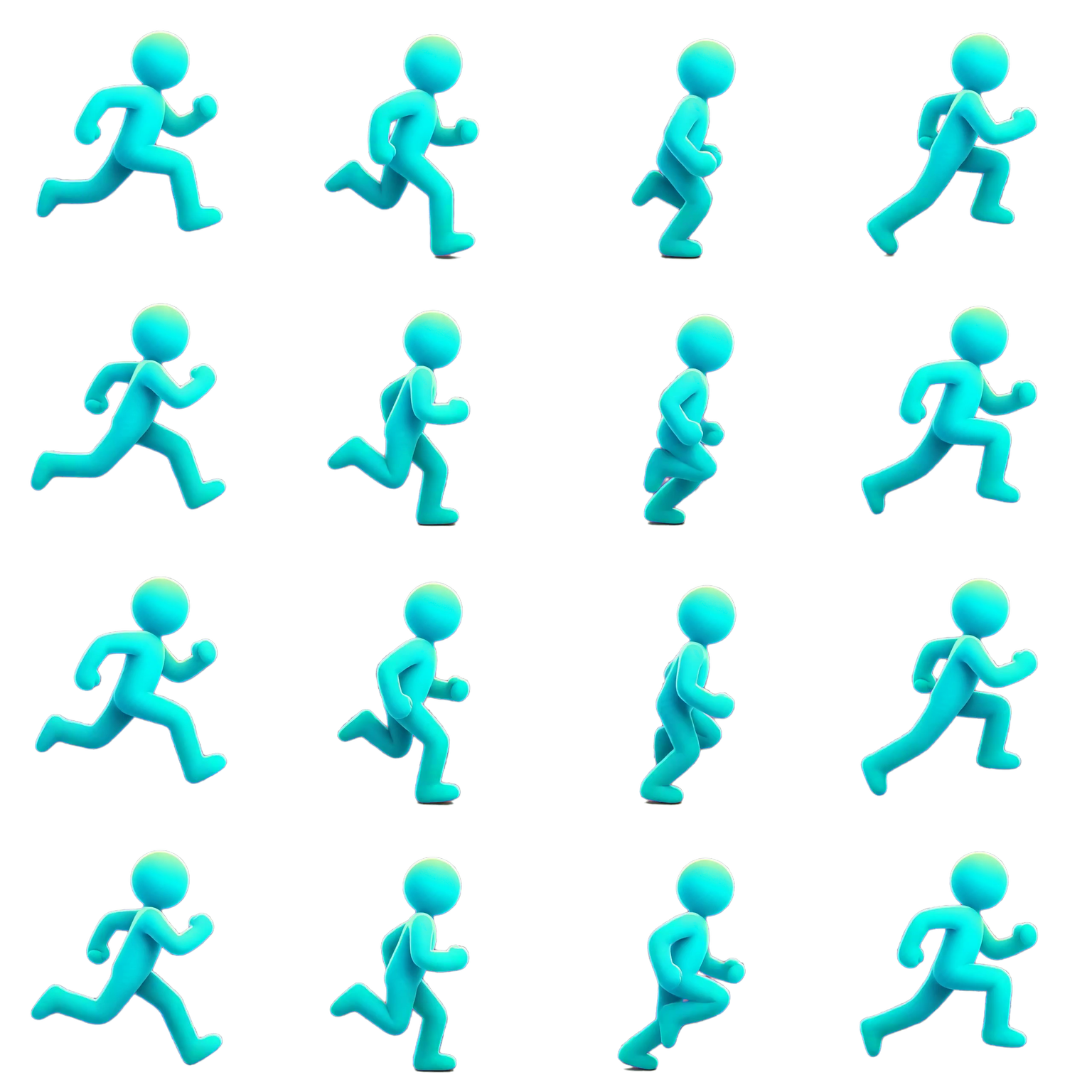 Sixteen-frame transparent sprite sheet showing a cyan character running to the right